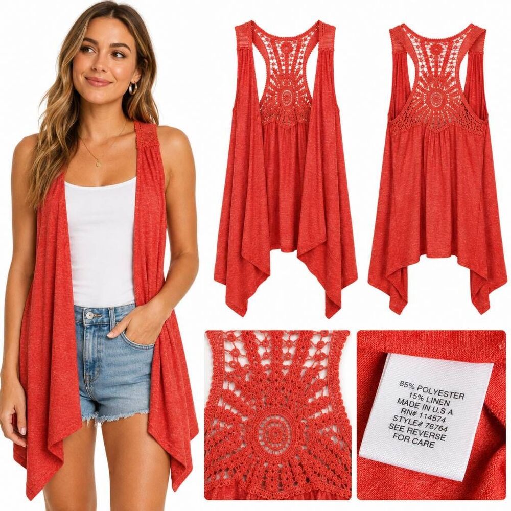 Maurices S Womens Coral Crochet Back Draped Vest Boho Open Front
